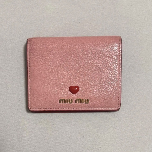 Miu Miu Madras Leather Wallet Pink Heart Motif Authentic Compact Compact Size - Picture 1 of 6
